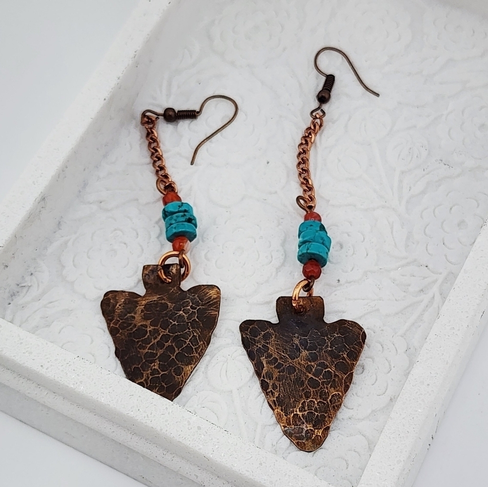 TURQUOISE & CARNELIAN HANDMADE EARRINGS BOHEMIAN CHIC STYLE 2.5" - Picture 3 of 6